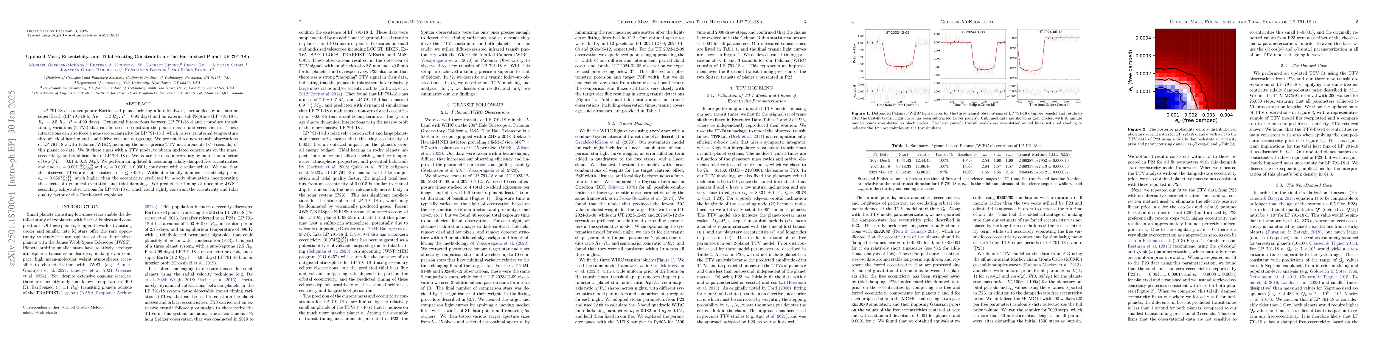 Thumbnail for Updated Mass, Eccentricity, and Tidal Heating Constraints for the
  Earth-sized Planet LP 791-18 d