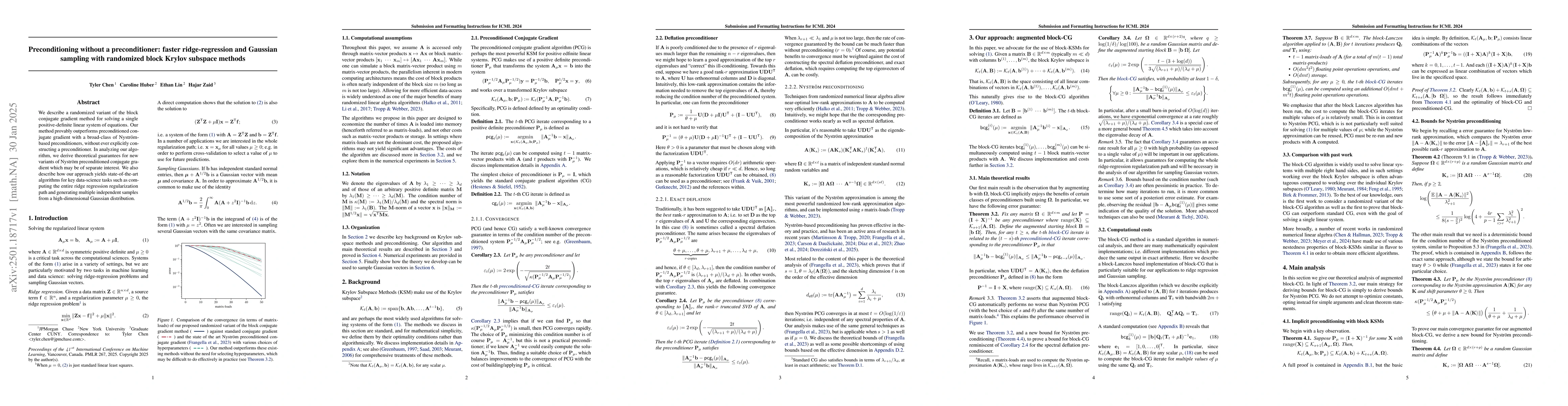 Thumbnail for Preconditioning without a preconditioner: faster ridge-regression and
  Gaussian sampling with randomized block Krylov subspace methods
