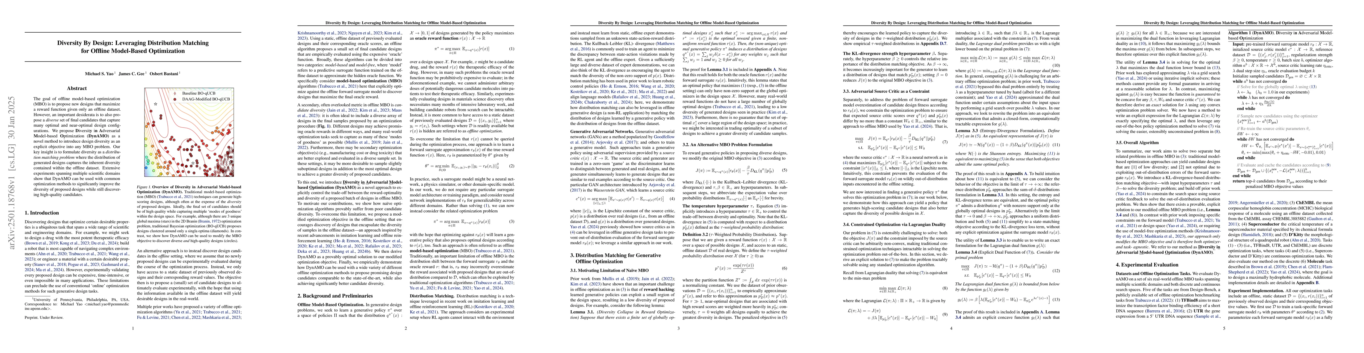 Thumbnail for Diversity By Design: Leveraging Distribution Matching for Offline
  Model-Based Optimization