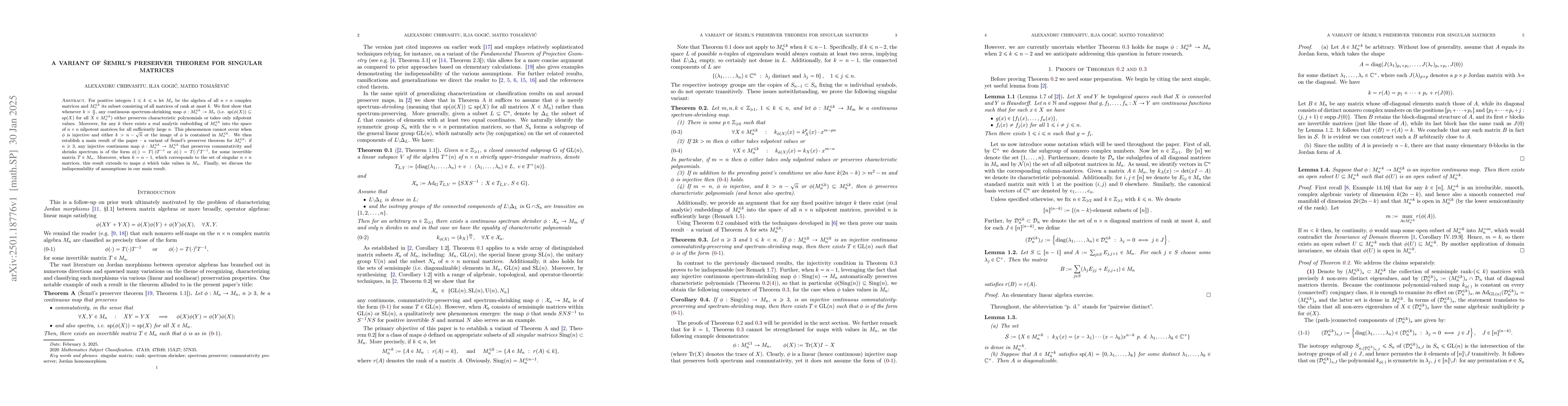 Thumbnail for A variant of Šemrl's preserver theorem for singular matrices