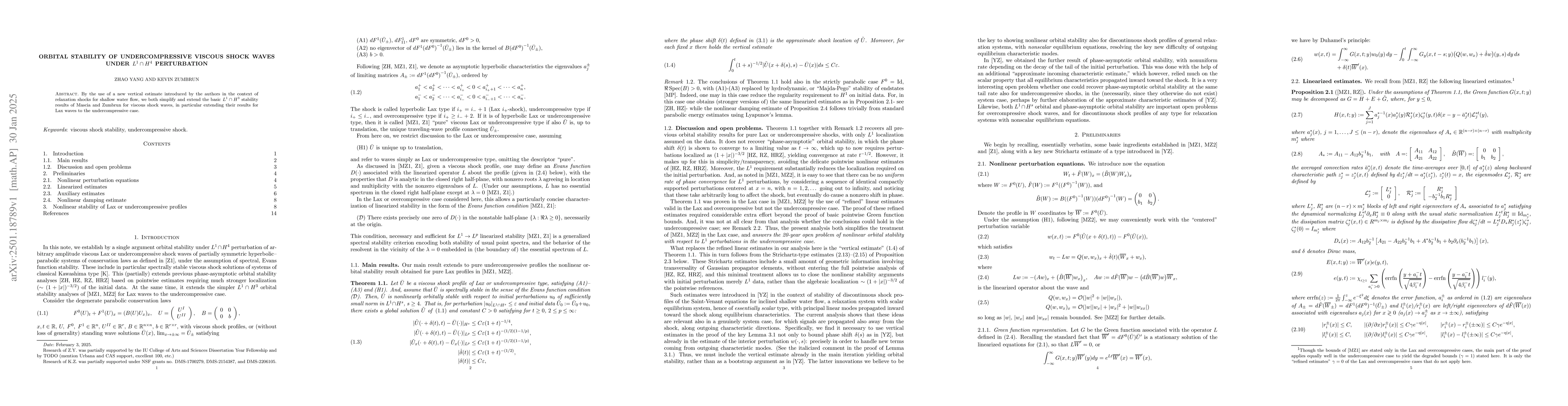 Thumbnail for Orbital stability of undercompressive viscous shock waves under $L^1\cap
  H^4$ perturbation