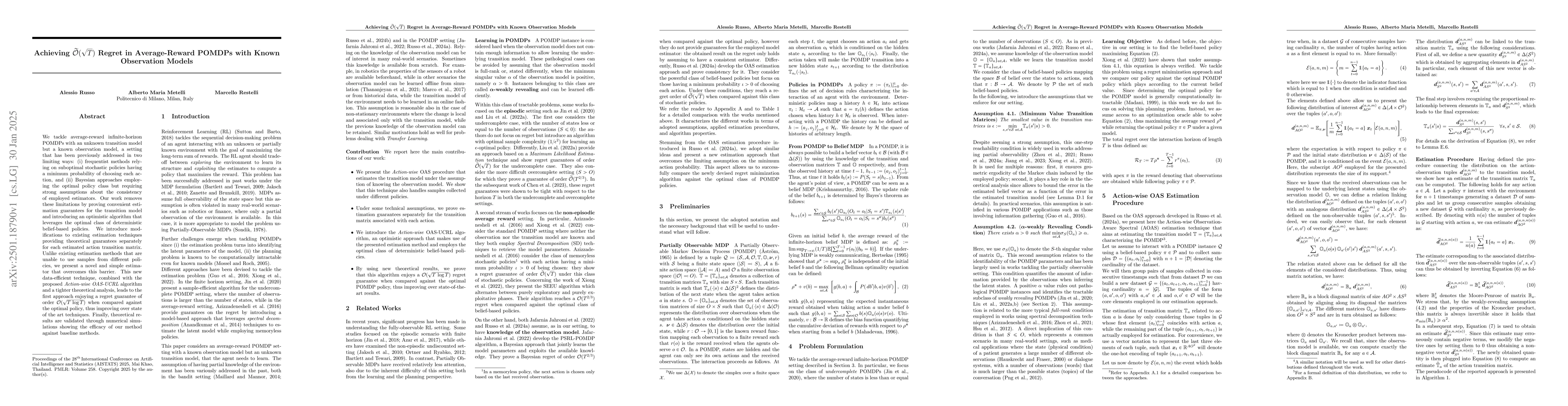 Thumbnail for Achieving $\widetilde{\mathcal{O}}(\sqrt{T})$ Regret in Average-Reward
  POMDPs with Known Observation Models