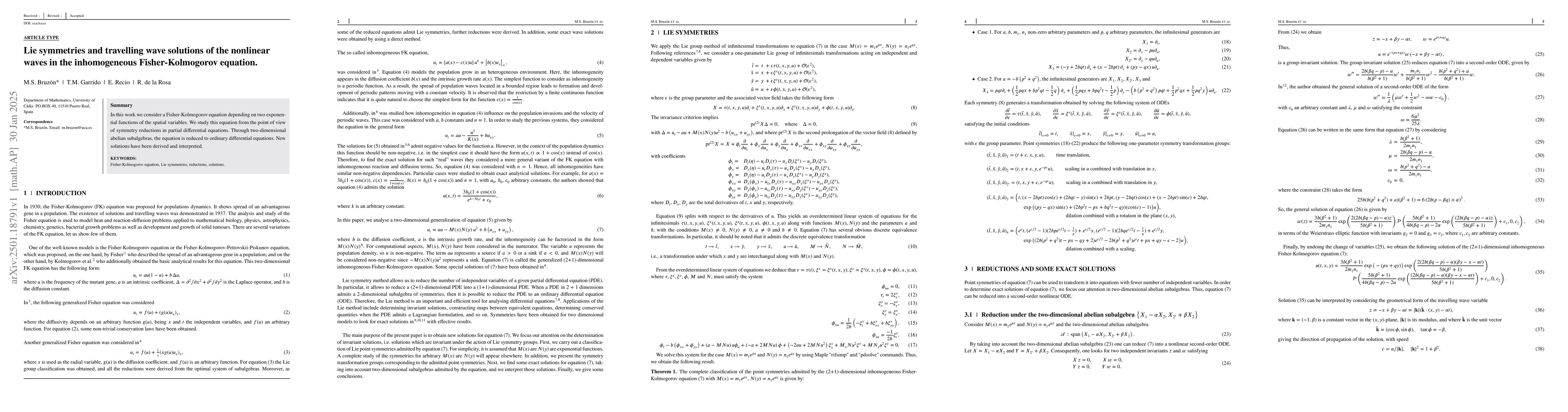 Thumbnail for Lie symmetries and travelling wave solutions of the nonlinear waves in
  the inhomogeneous Fisher-Kolmogorov equation