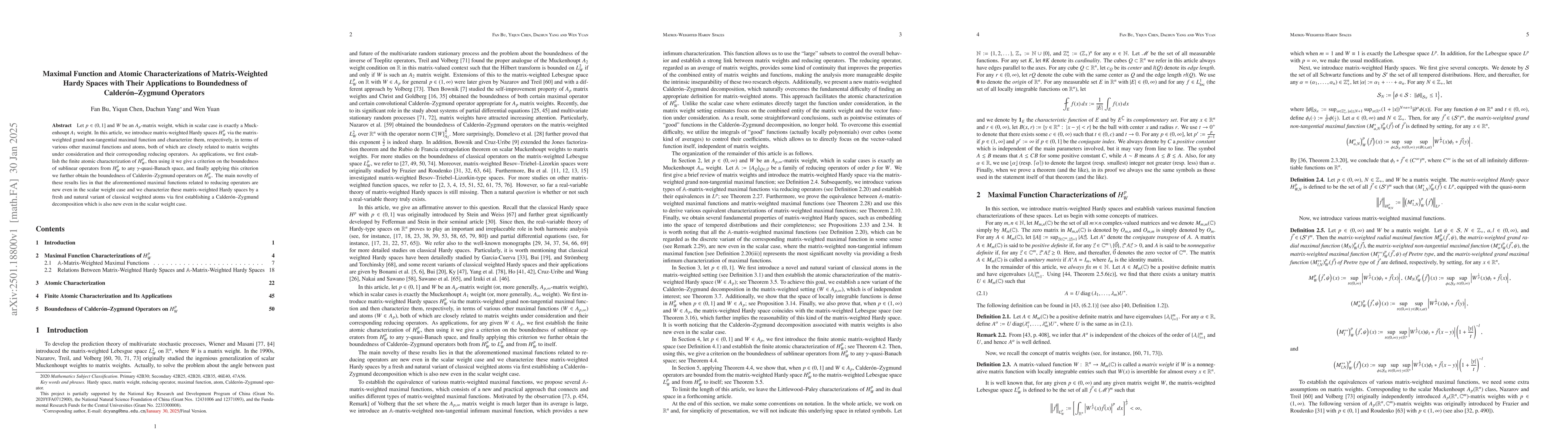 Thumbnail for Maximal Function and Atomic Characterizations of Matrix-Weighted Hardy
  Spaces with Their Applications to Boundedness of Calderón--Zygmund
  Operators