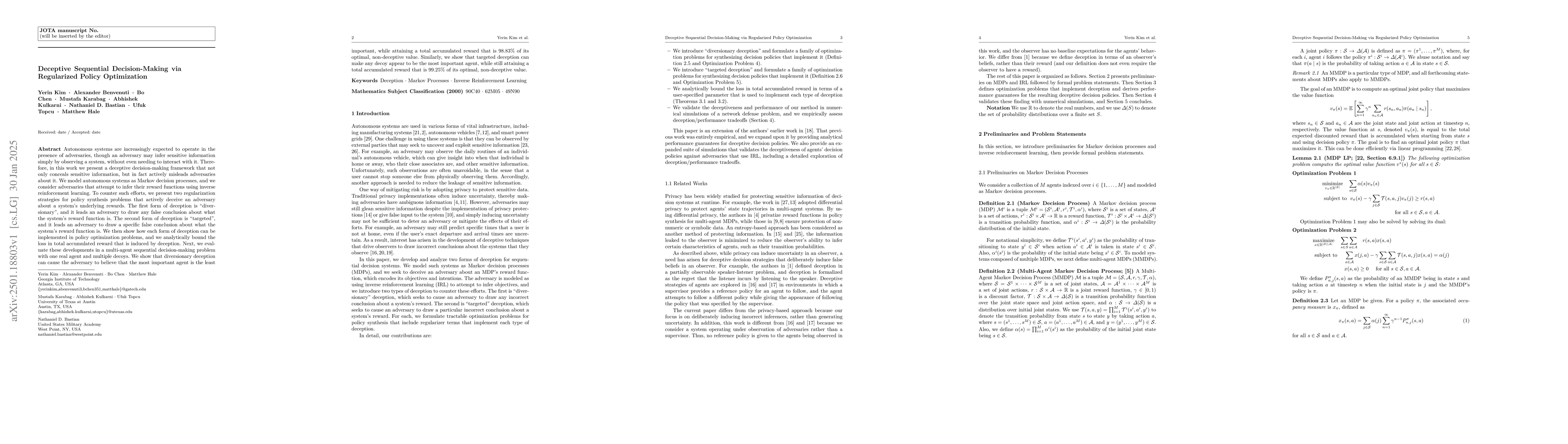 Thumbnail for Deceptive Sequential Decision-Making via Regularized Policy Optimization