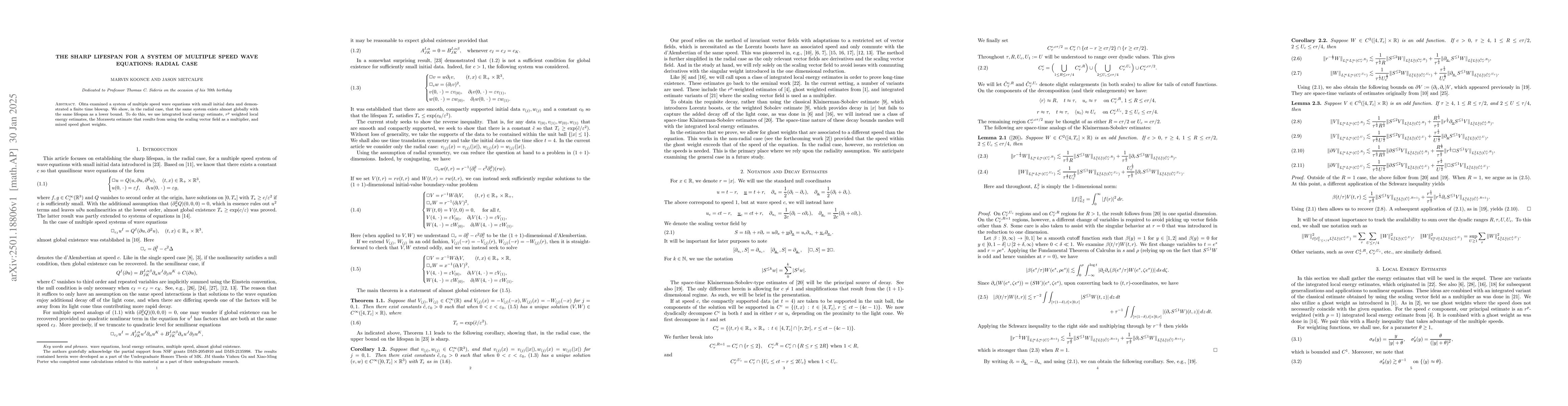 Thumbnail for The sharp lifespan for a system of multiple speed wave equations: Radial
  case