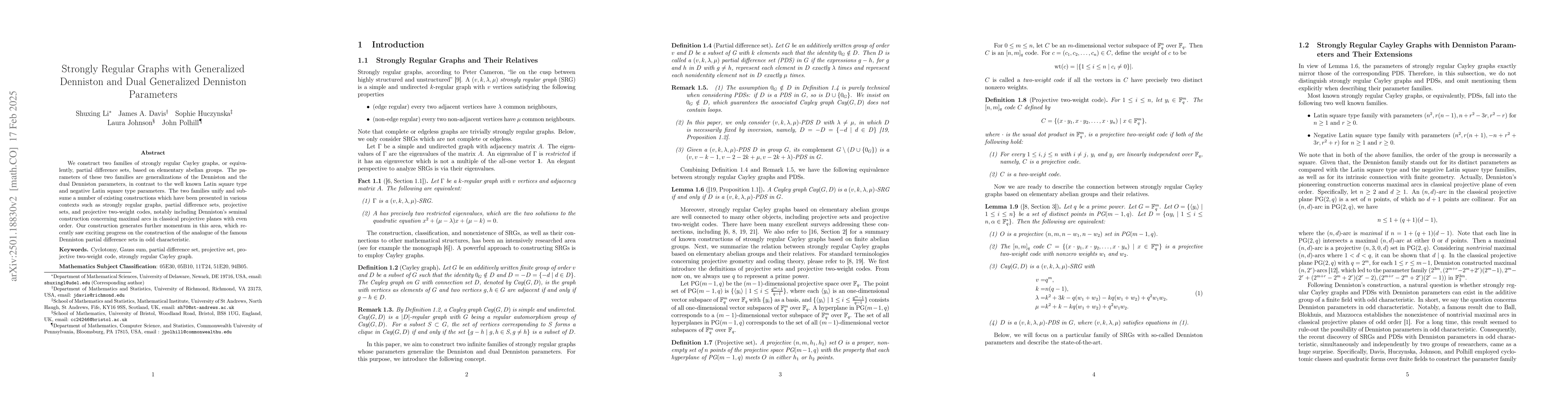 Thumbnail for Strongly Regular Graphs with Generalized Denniston and Dual Generalized
  Denniston Parameters