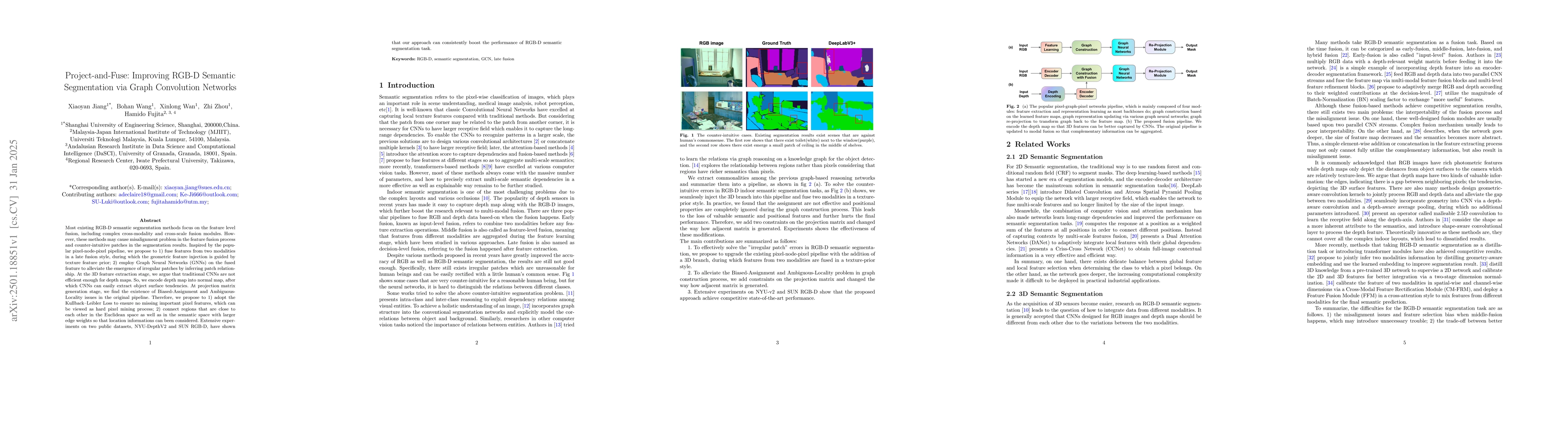 Thumbnail for Project-and-Fuse: Improving RGB-D Semantic Segmentation via Graph
  Convolution Networks