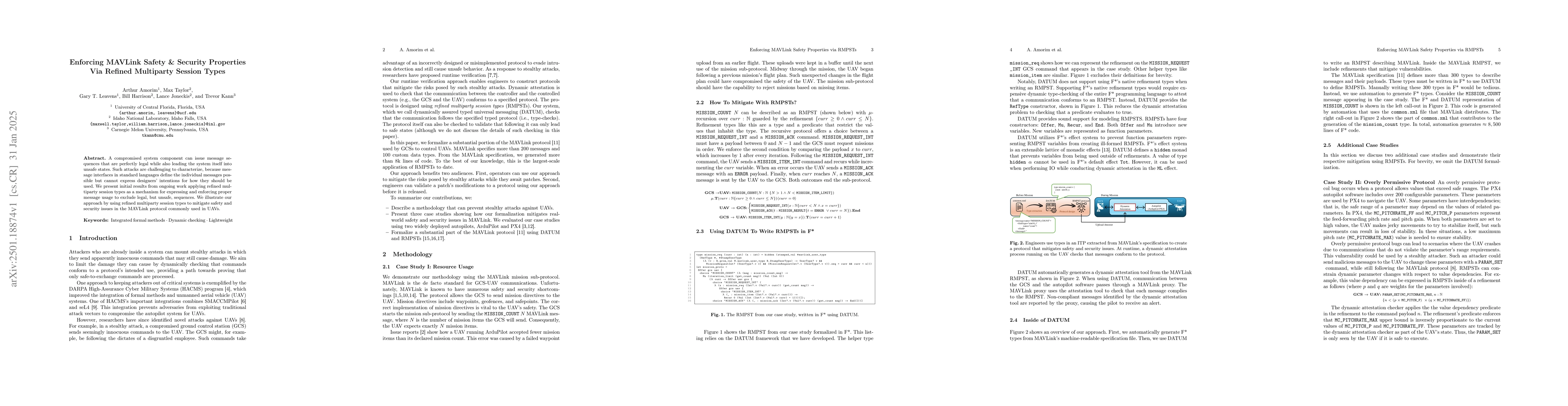 Thumbnail for Enforcing MAVLink Safety & Security Properties Via Refined Multiparty
  Session Types