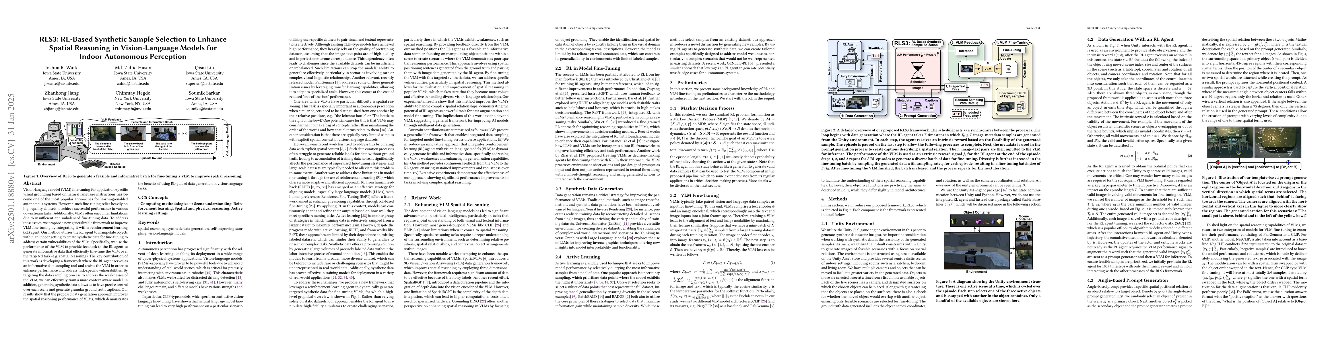 Thumbnail for RLS3: RL-Based Synthetic Sample Selection to Enhance Spatial Reasoning
  in Vision-Language Models for Indoor Autonomous Perception