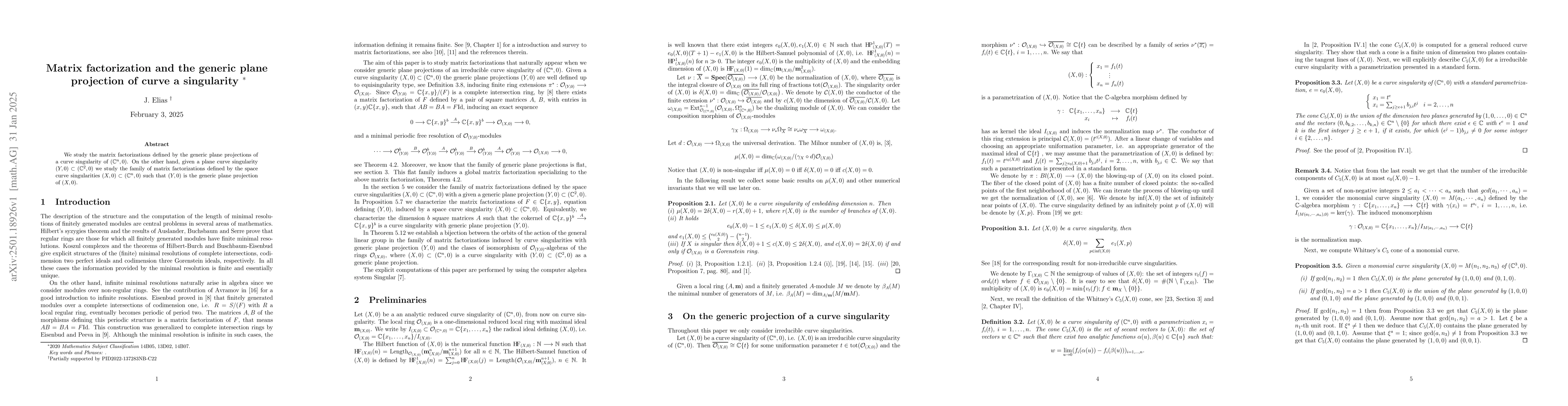 Thumbnail for Matrix factorization and the generic plane projection of curve a
  singularity