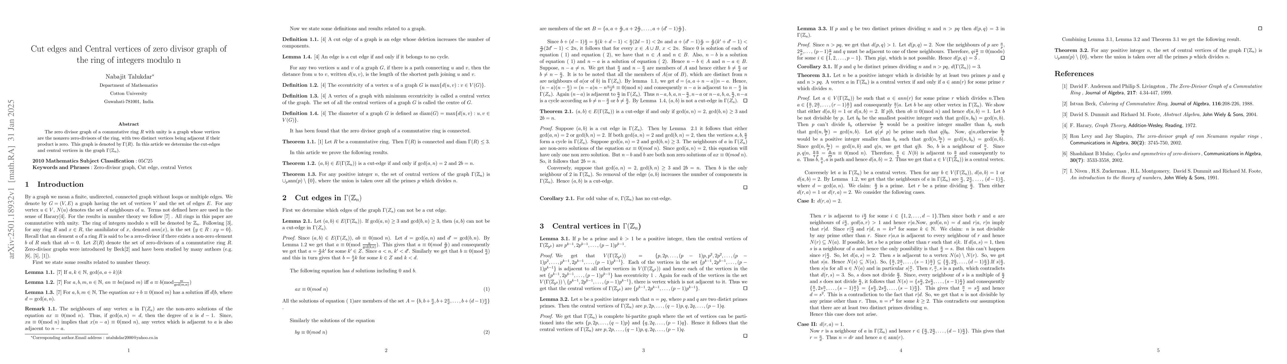 Thumbnail for Cut edges and Central vertices of zero divisor graph of the ring of
  integers modulo n