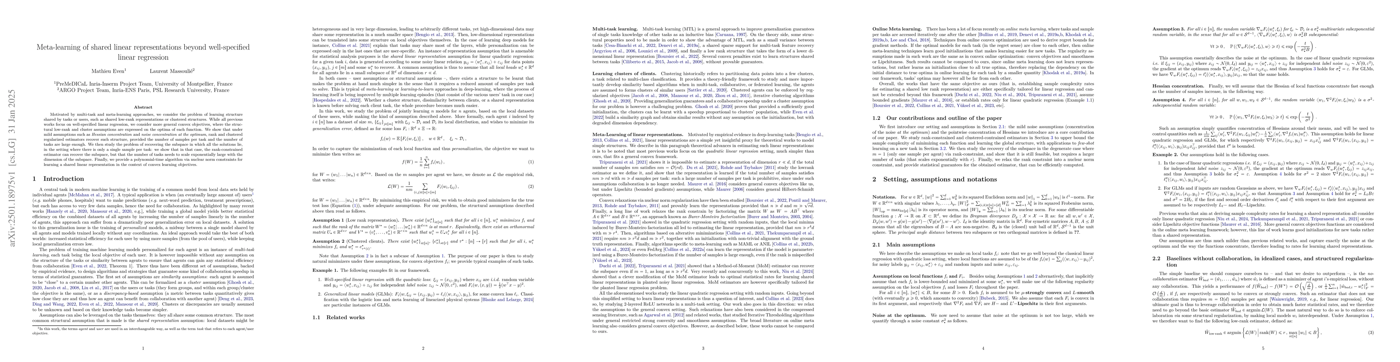 Thumbnail for Meta-learning of shared linear representations beyond well-specified
  linear regression