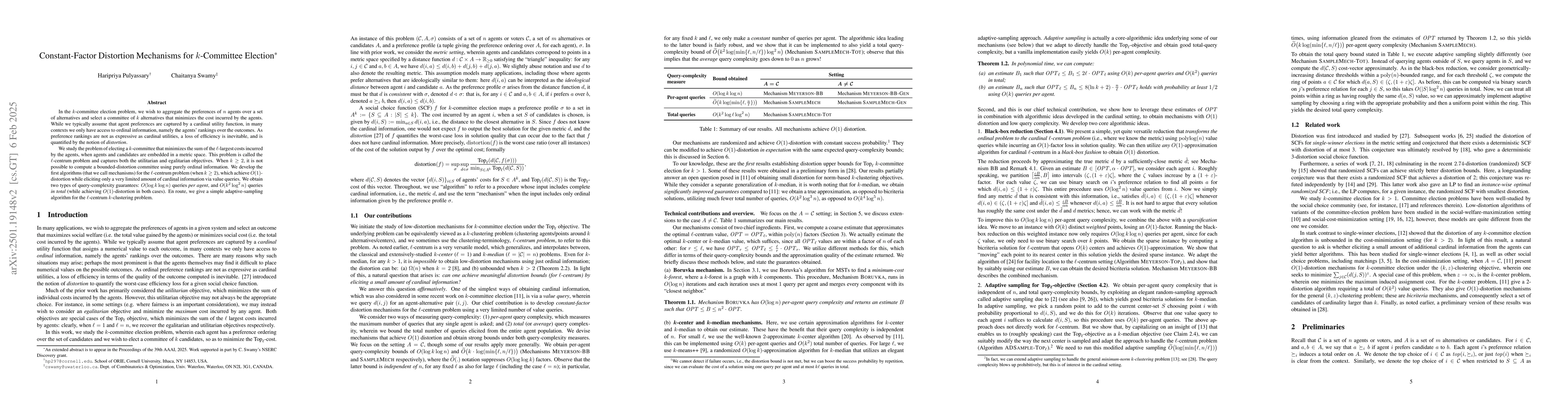 Thumbnail for Constant-Factor Distortion Mechanisms for $k$-Committee Election