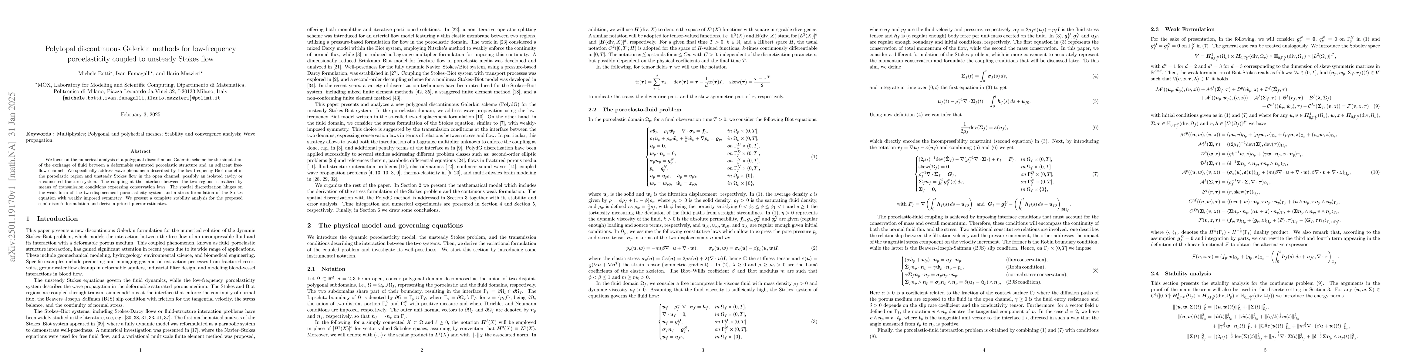 Thumbnail for Polytopal discontinuous Galerkin methods for low-frequency
  poroelasticity coupled to unsteady Stokes flow