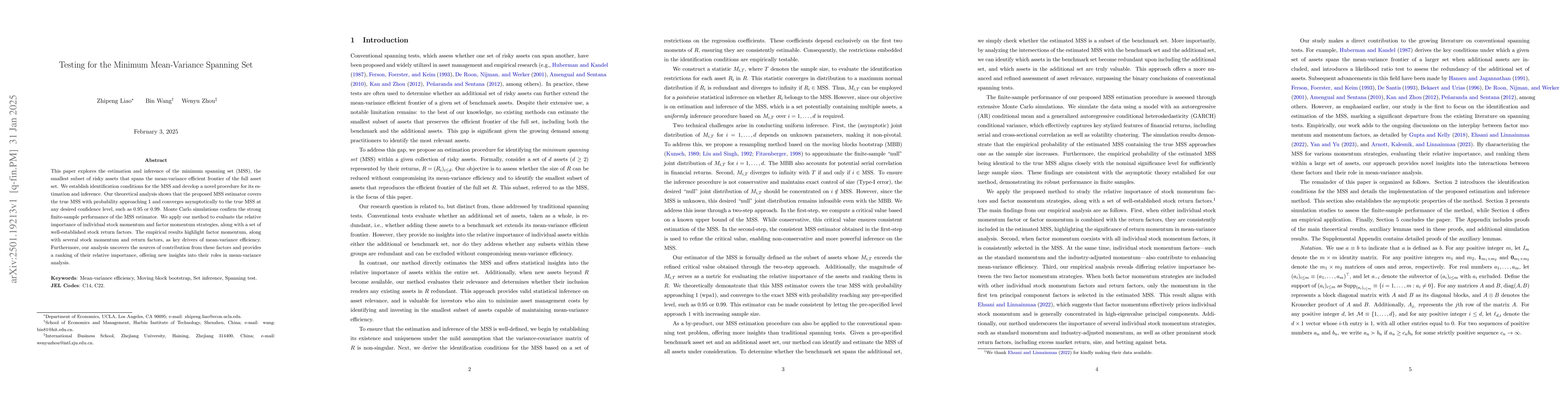 Thumbnail for Testing for the Minimum Mean-Variance Spanning Set