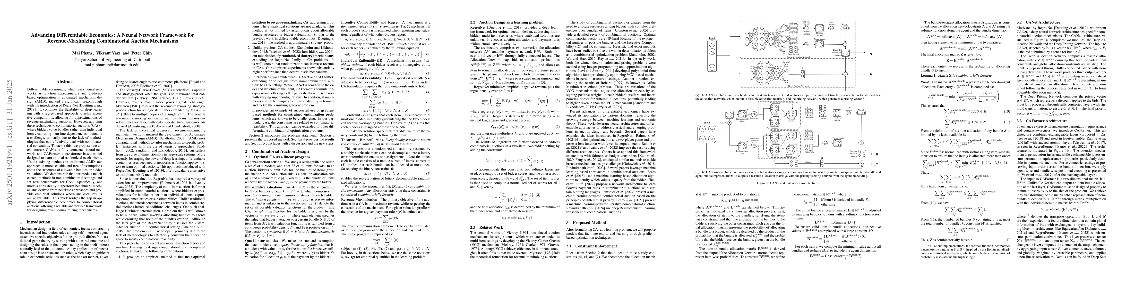 Thumbnail for Advancing Differentiable Economics: A Neural Network Framework for
  Revenue-Maximizing Combinatorial Auction Mechanisms