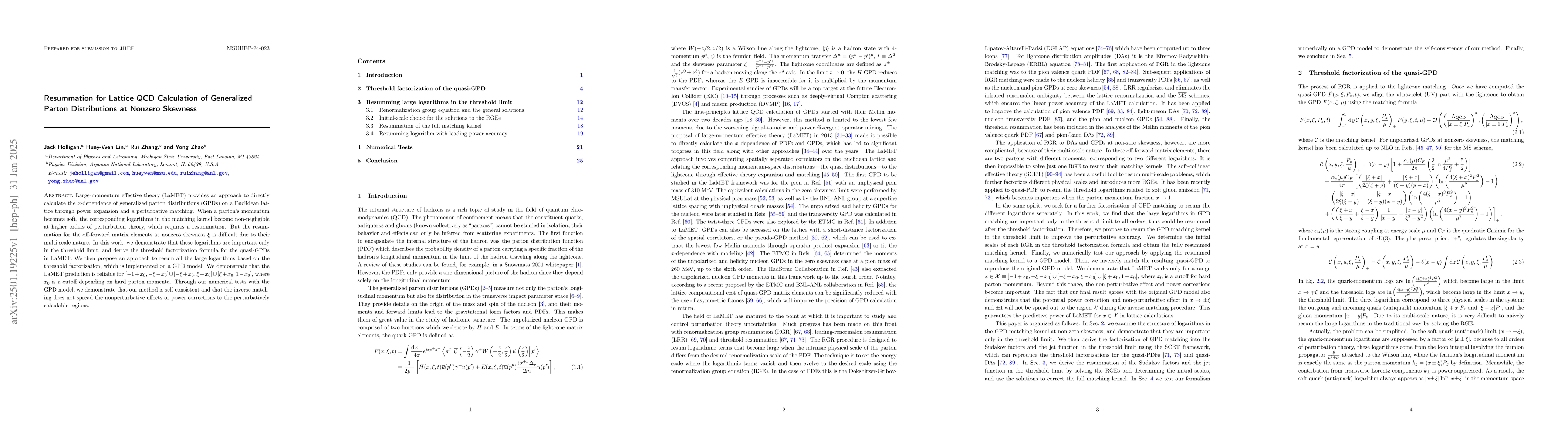 Thumbnail for Resummation for Lattice QCD Calculation of Generalized Parton
  Distributions at Nonzero Skewness