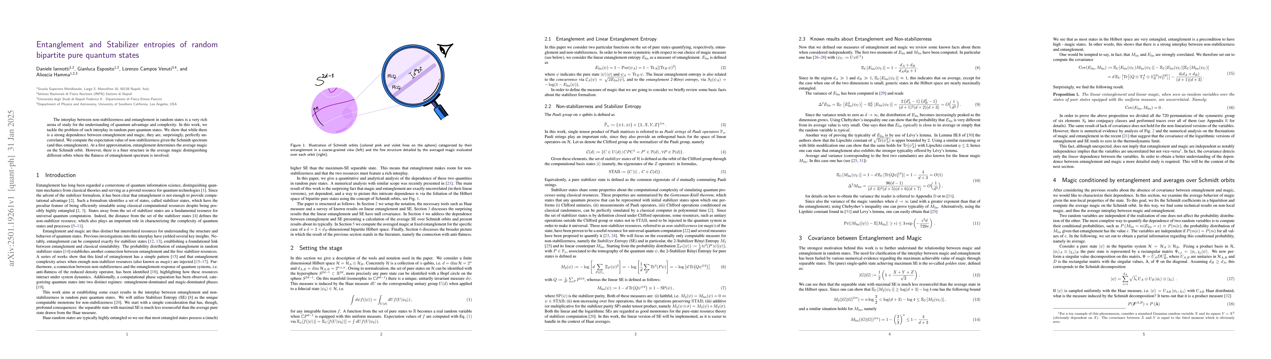 Thumbnail for Entanglement and Stabilizer entropies of random bipartite pure quantum
  states