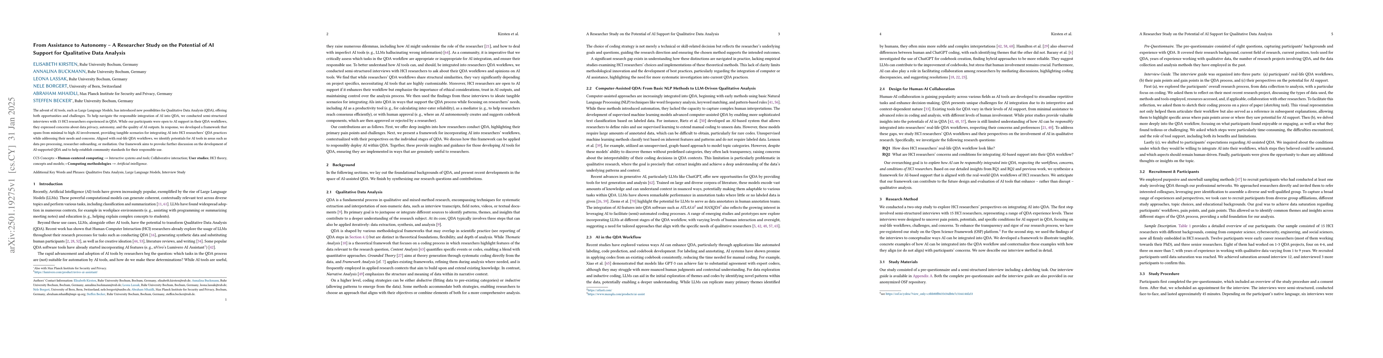 Thumbnail for From Assistance to Autonomy -- A Researcher Study on the Potential of AI
  Support for Qualitative Data Analysis