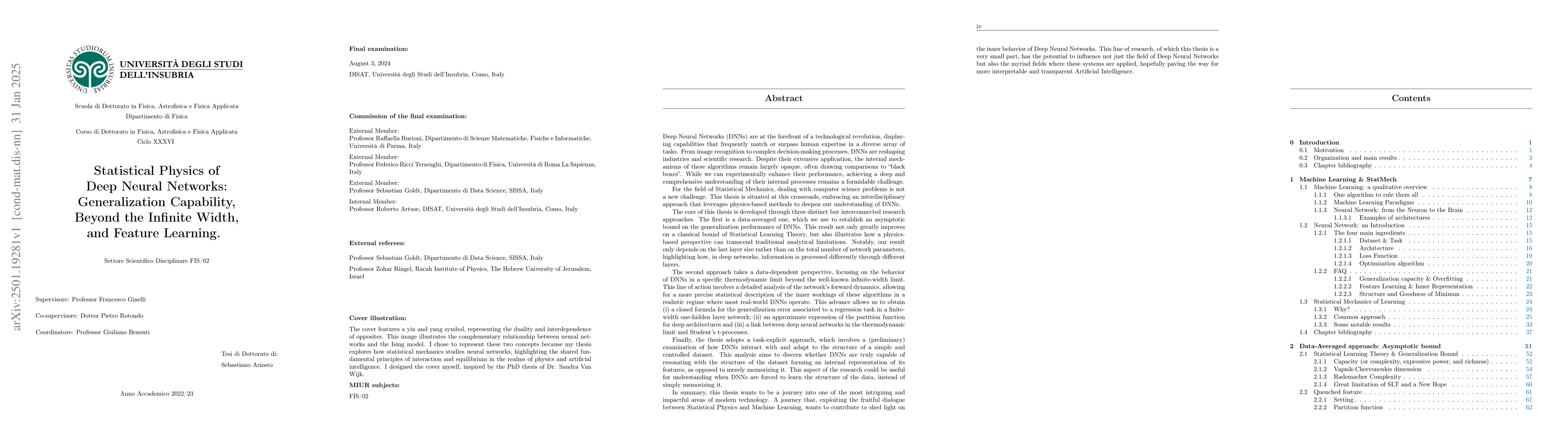 Thumbnail for Statistical Physics of Deep Neural Networks: Generalization Capability,
  Beyond the Infinite Width, and Feature Learning