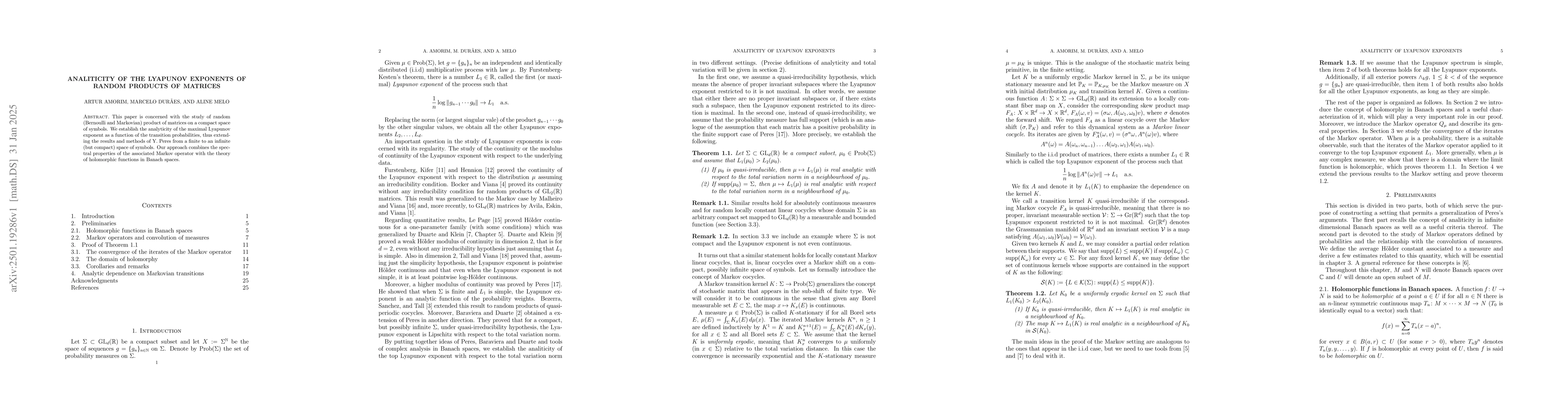 Thumbnail for Analiticity of the Lyapunov exponents of random products of matrices