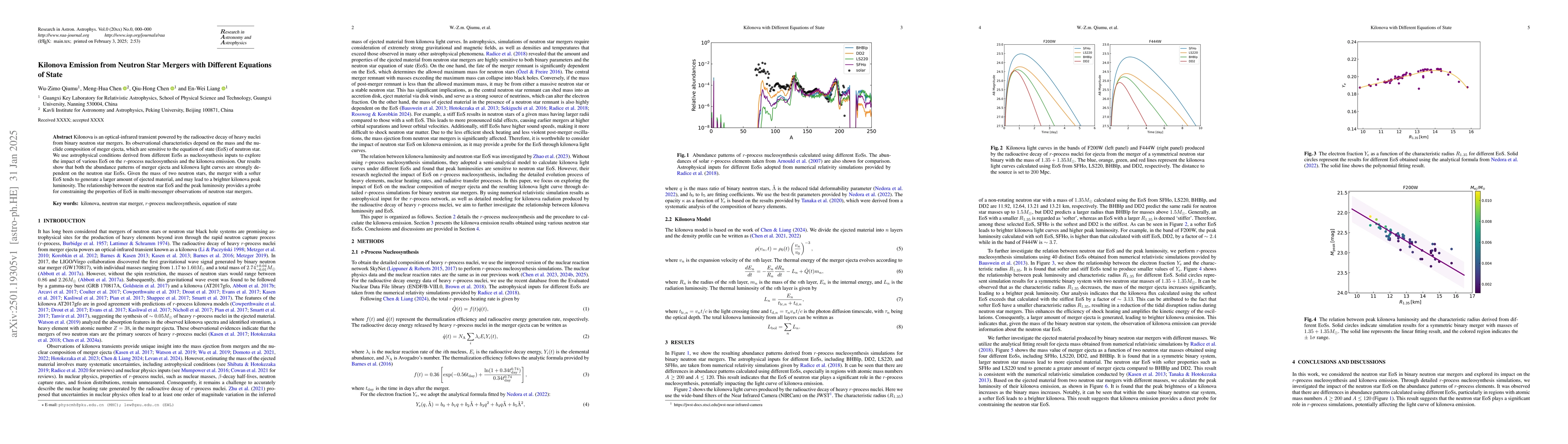 Thumbnail for Kilonova Emission from Neutron Star Mergers with Different Equations of
  State