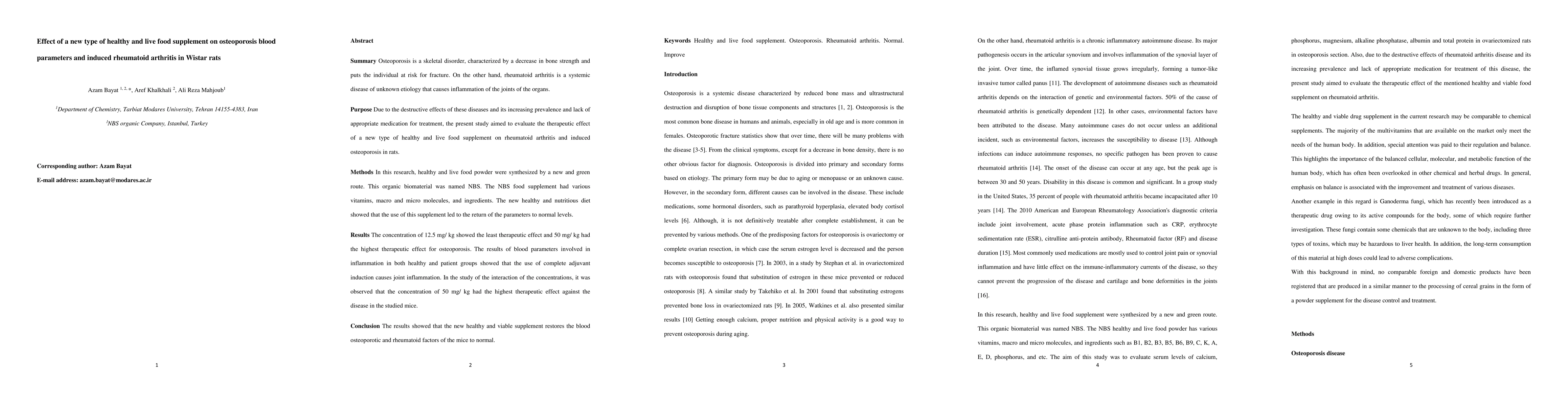 Thumbnail for Effect of a new type of healthy and live food supplement on osteoporosis
  blood parameters and induced rheumatoid arthritis in Wistar rats