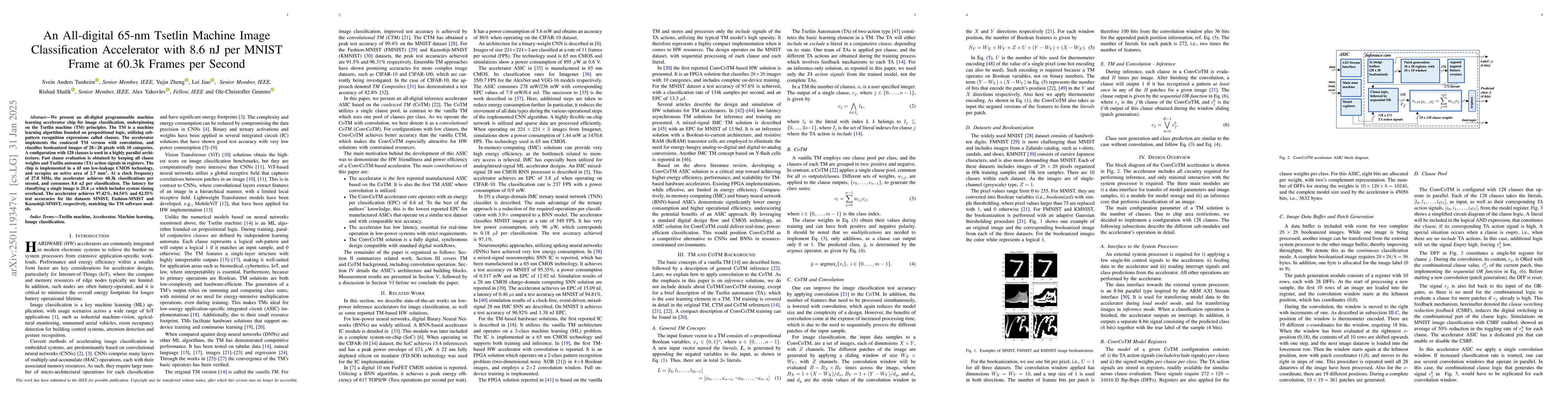 Thumbnail for An All-digital 65-nm Tsetlin Machine Image Classification Accelerator
  with 8.6 nJ per MNIST Frame at 60.3k Frames per Second