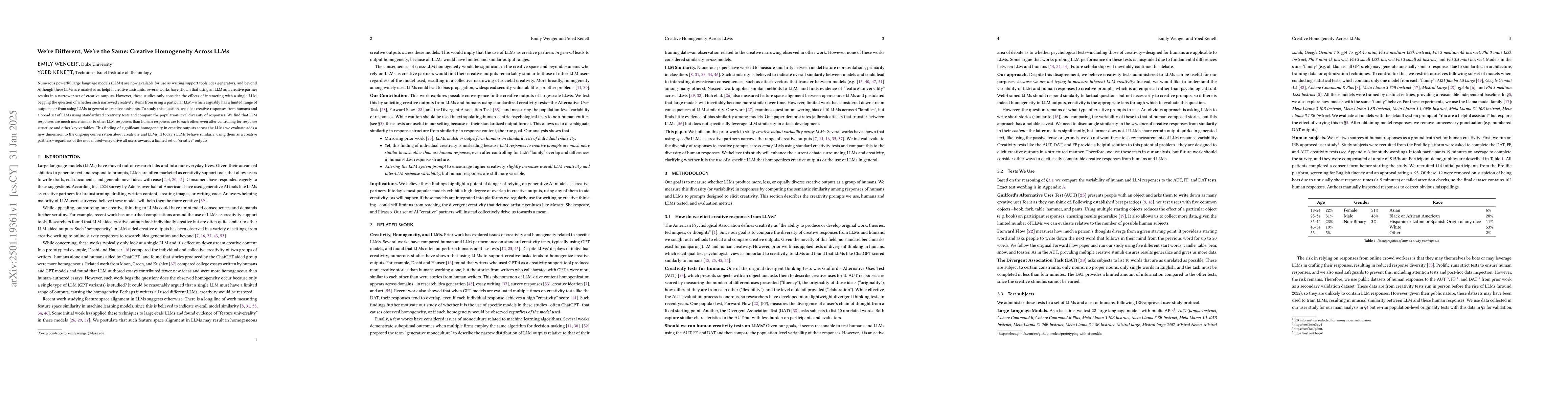 Thumbnail for We're Different, We're the Same: Creative Homogeneity Across LLMs