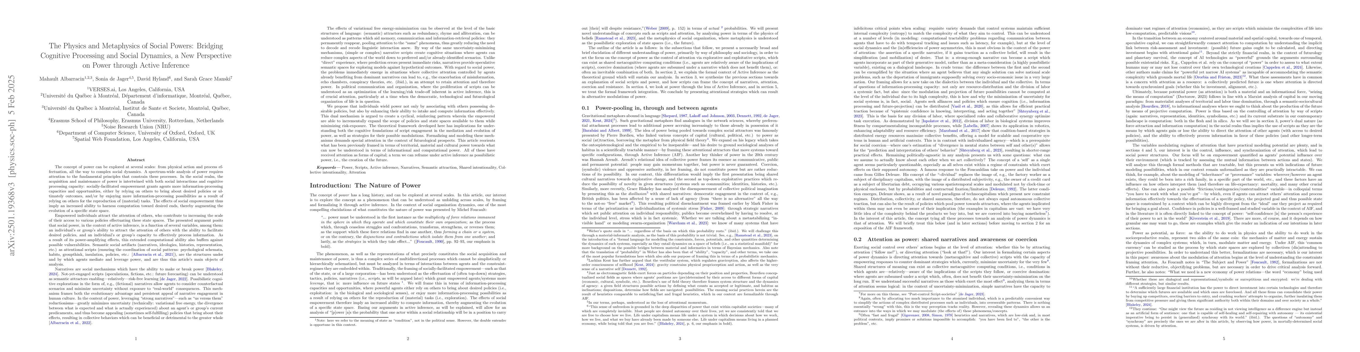 Thumbnail for The Physics and Metaphysics of Social Powers: Bridging Cognitive
  Processing and Social Dynamics, a New Perspective on Power through Active
  Inference