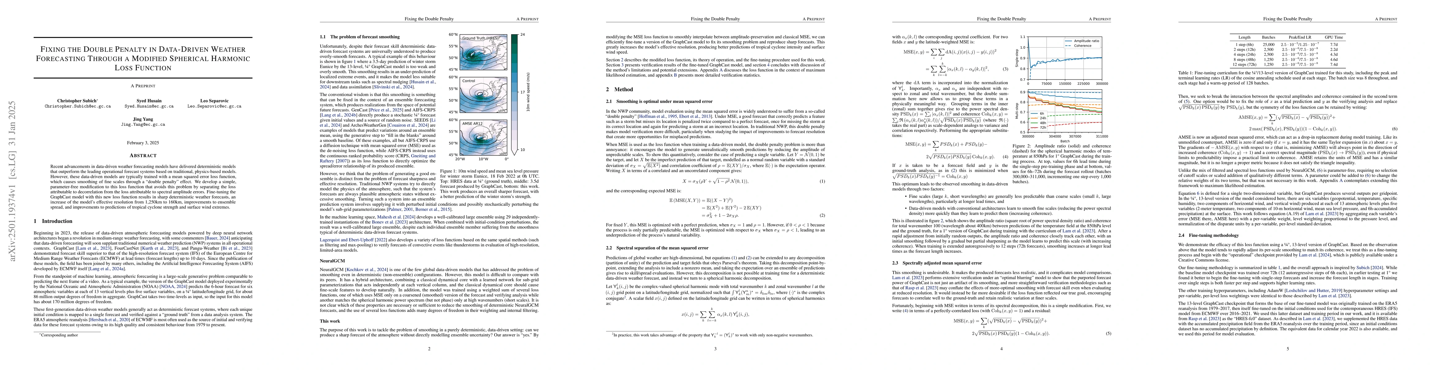 Thumbnail for Fixing the Double Penalty in Data-Driven Weather Forecasting Through a
  Modified Spherical Harmonic Loss Function