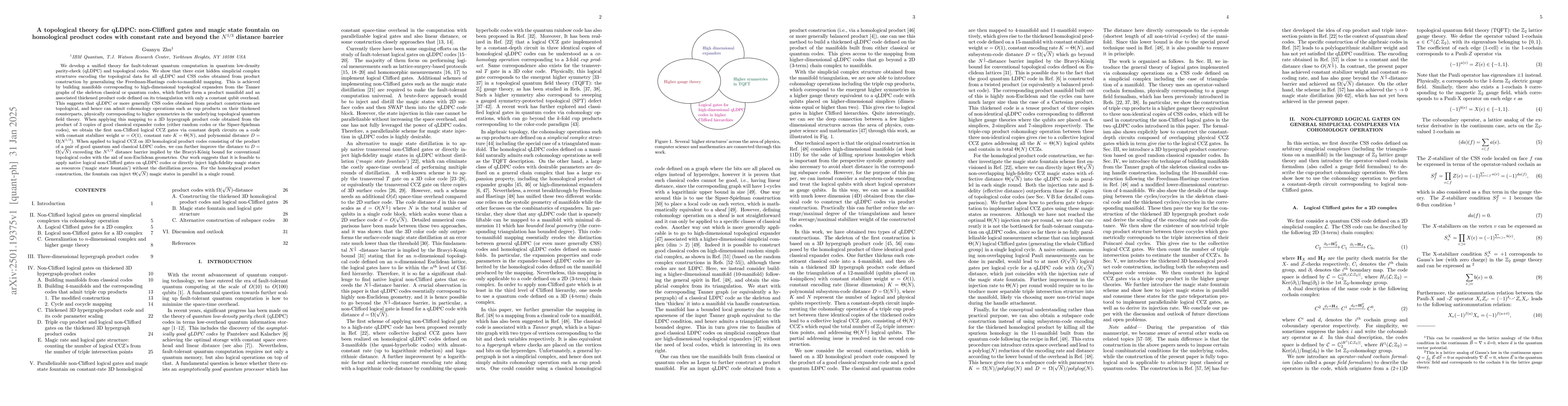 Thumbnail for A topological theory for qLDPC: non-Clifford gates and magic state
  fountain on homological product codes with constant rate and beyond the
  $N^{1/3}$ distance barrier