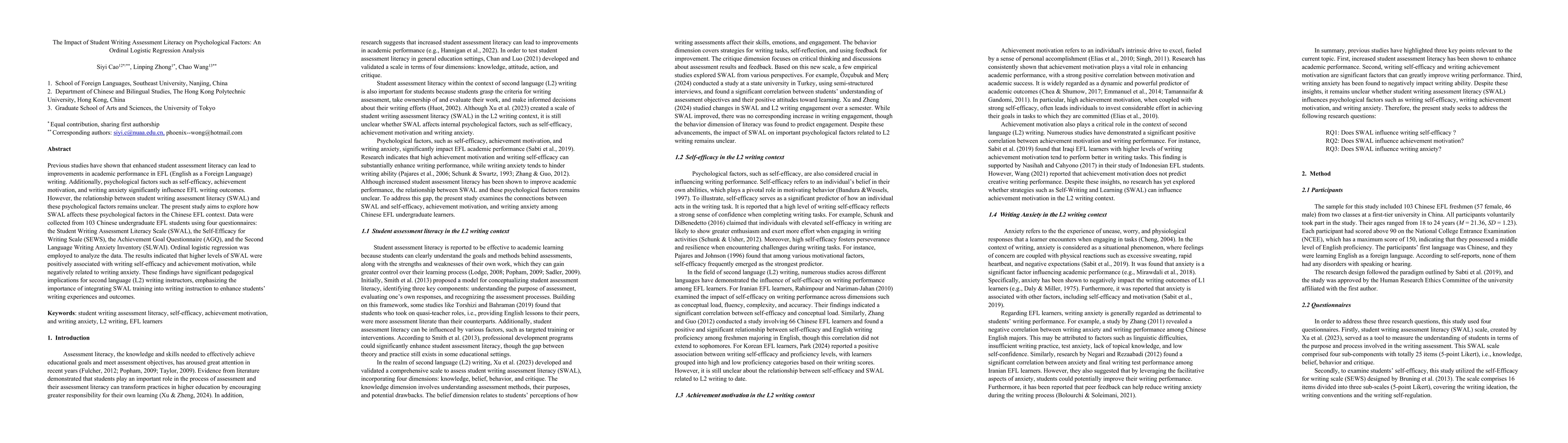 Thumbnail for The Impact of Student Writing Assessment Literacy on Psychological
  Factors: An Ordinal Logistic Regression Analysis