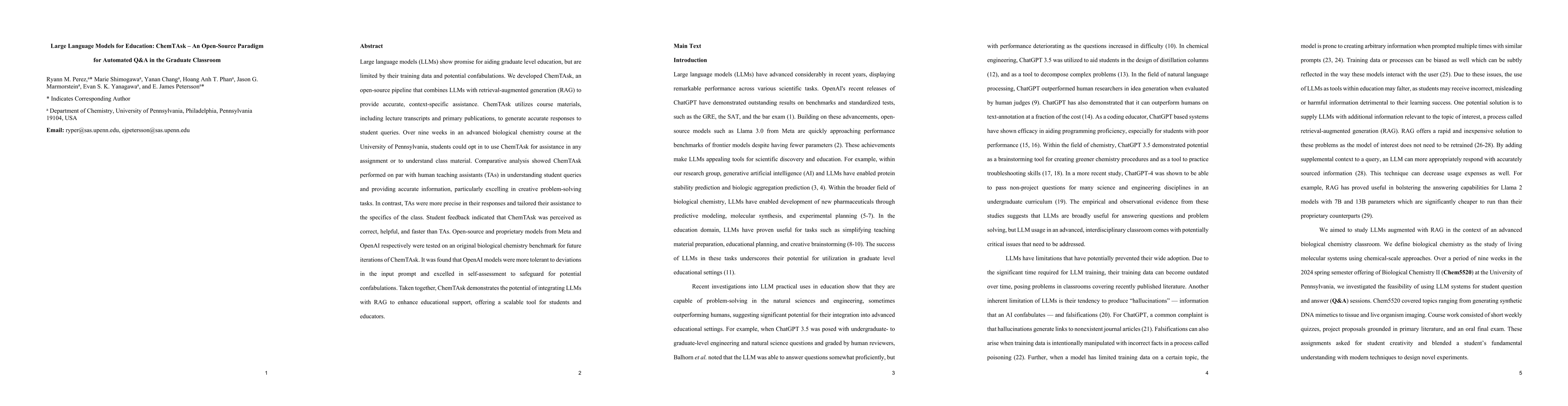 Thumbnail for Large Language Models for Education: ChemTAsk -- An Open-Source Paradigm
  for Automated Q&A in the Graduate Classroom