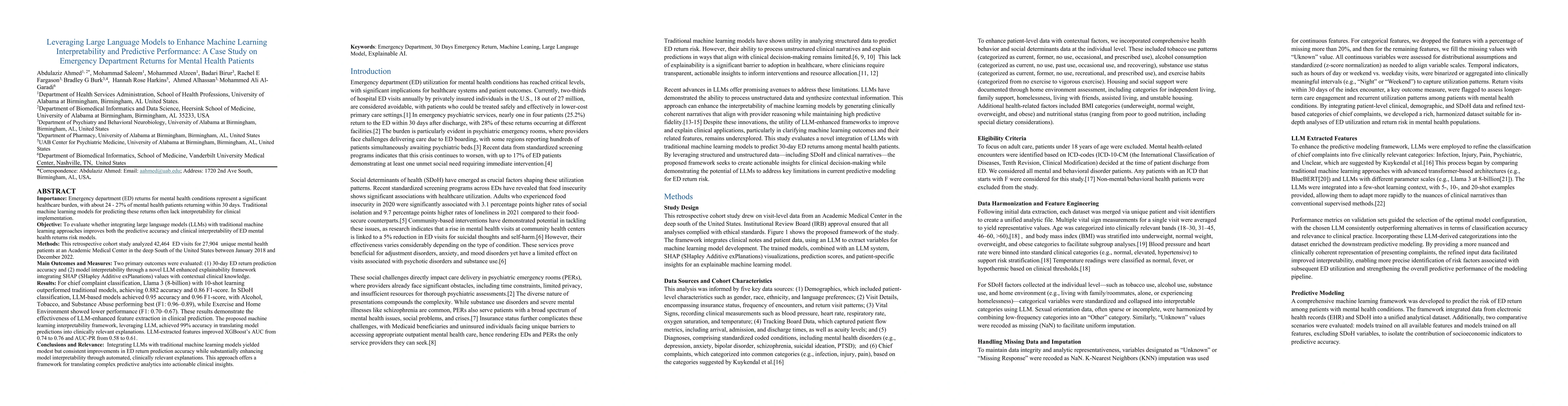 Thumbnail for Leveraging Large Language Models to Enhance Machine Learning
  Interpretability and Predictive Performance: A Case Study on Emergency
  Department Returns for Mental Health Patients