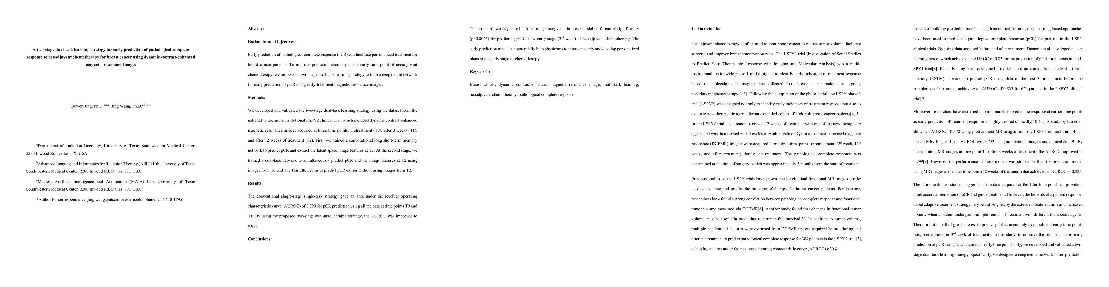 Thumbnail for A two-stage dual-task learning strategy for early prediction of
  pathological complete response to neoadjuvant chemotherapy for breast cancer
  using dynamic contrast-enhanced magnetic resonance images