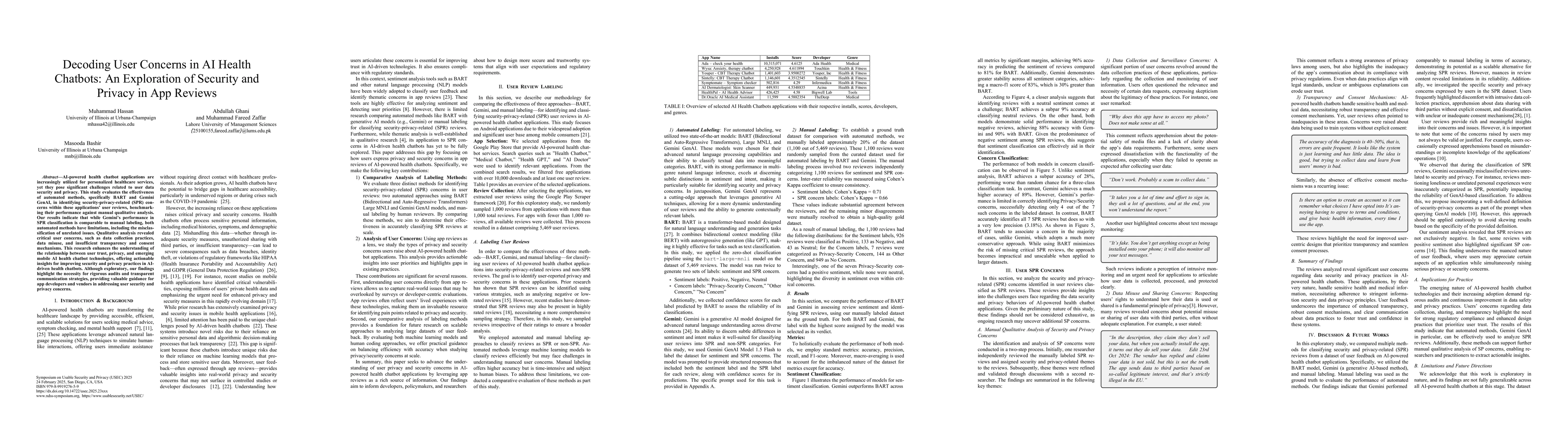 Thumbnail for Decoding User Concerns in AI Health Chatbots: An Exploration of Security
  and Privacy in App Reviews