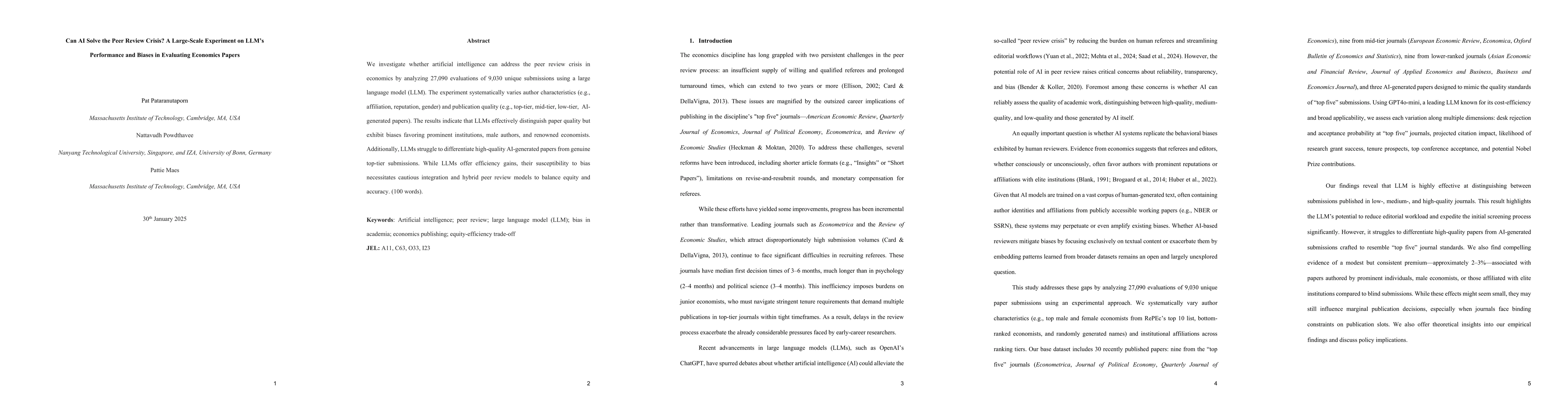 Thumbnail for Can AI Solve the Peer Review Crisis? A Large Scale Experiment on LLM's
  Performance and Biases in Evaluating Economics Papers