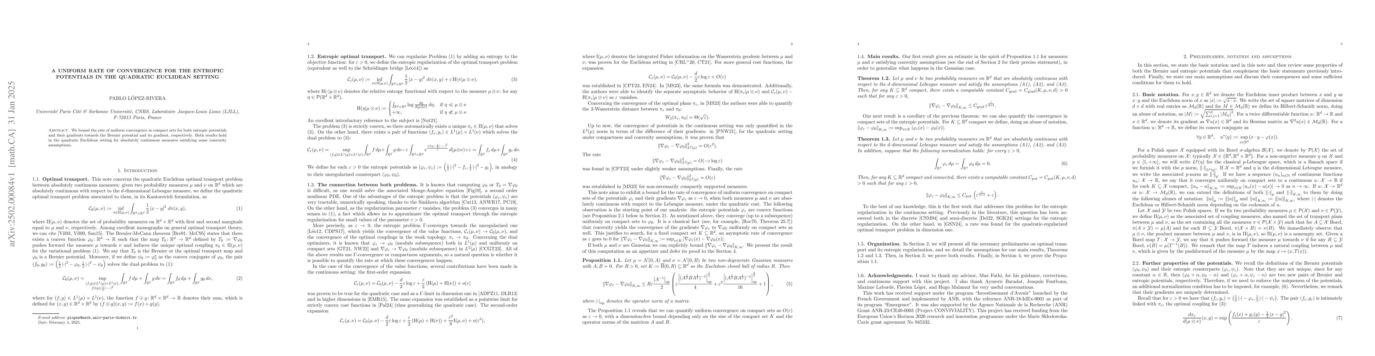 Thumbnail for A uniform rate of convergence for the entropic potentials in the
  quadratic Euclidean setting