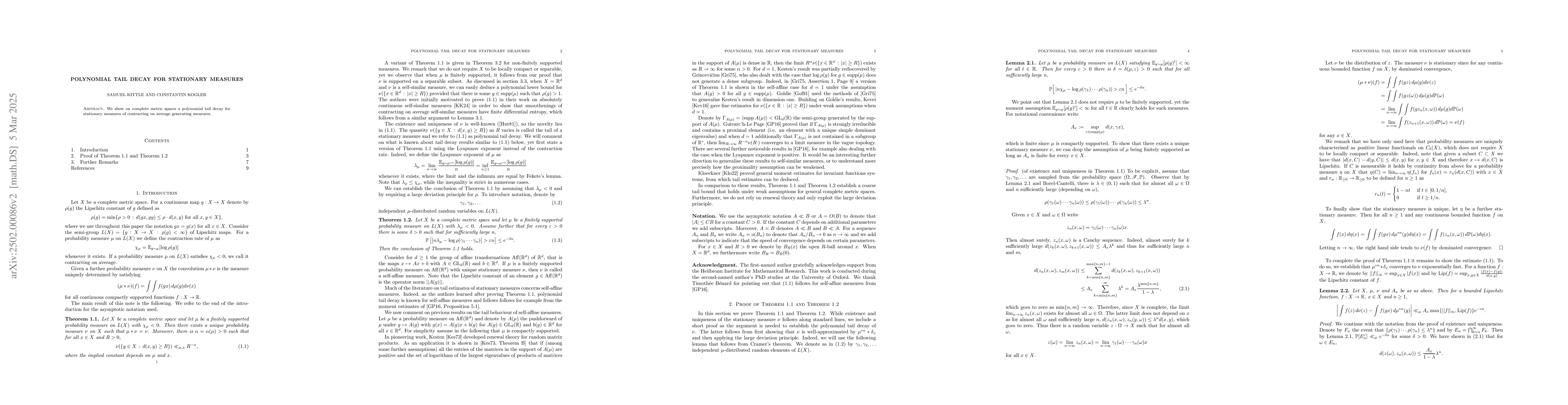 Thumbnail for Polynomial Tail Decay for Stationary Measures