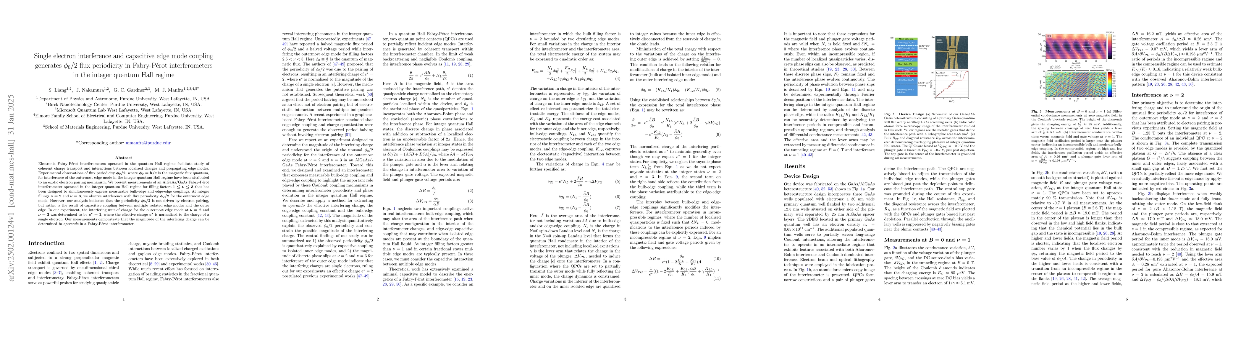 Thumbnail for Single electron interference and capacitive edge mode coupling generates
  $Φ_0/2$ flux periodicity in Fabry-Perot interferometers in the integer
  quantum Hall regime