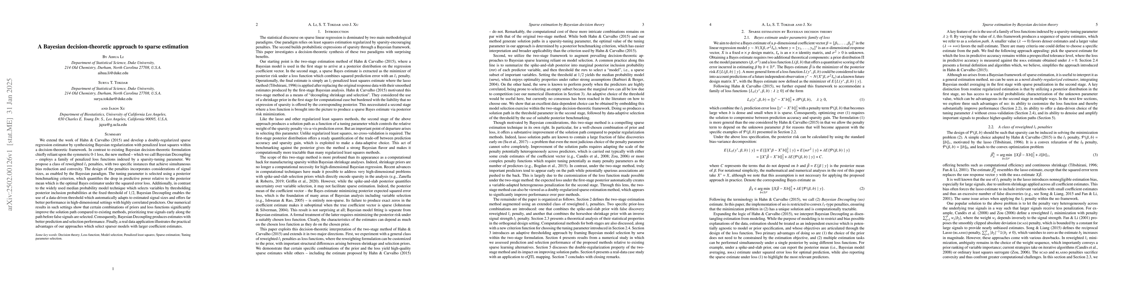 Thumbnail for A Bayesian decision-theoretic approach to sparse estimation
