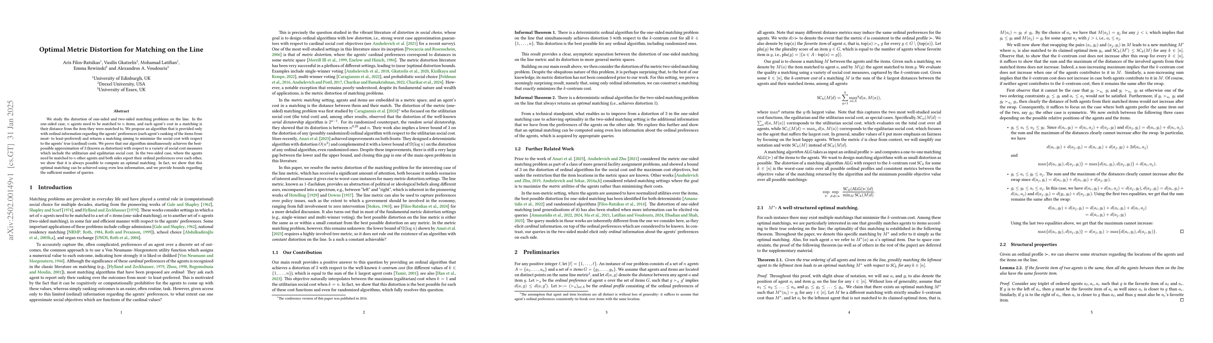 Thumbnail for Optimal Metric Distortion for Matching on the Line