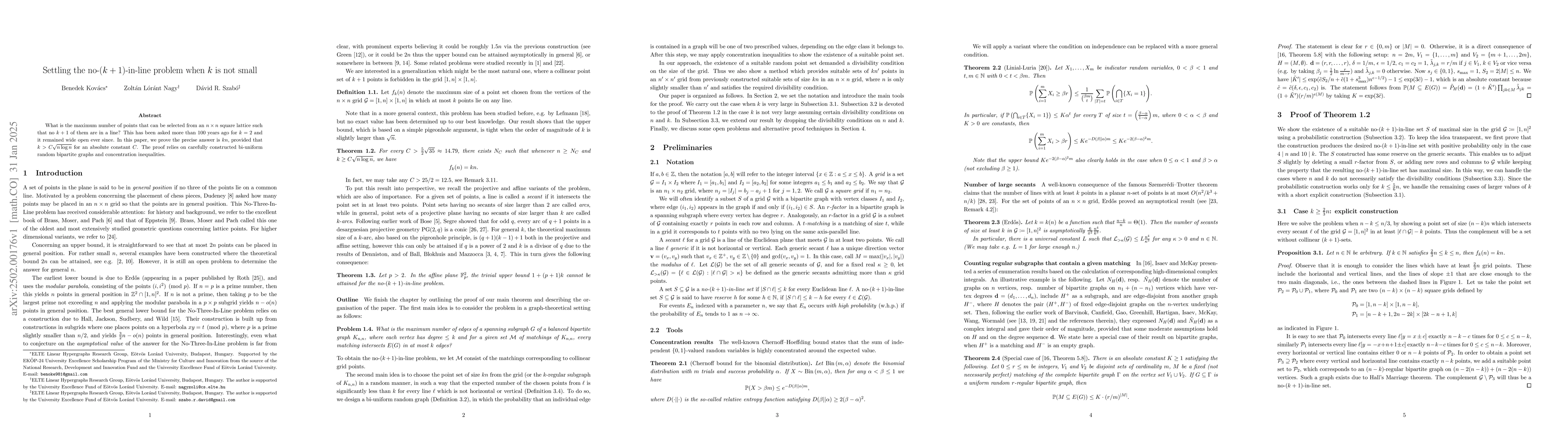 Thumbnail for Settling the no-$(k+1)$-in-line problem when $k$ is not small
