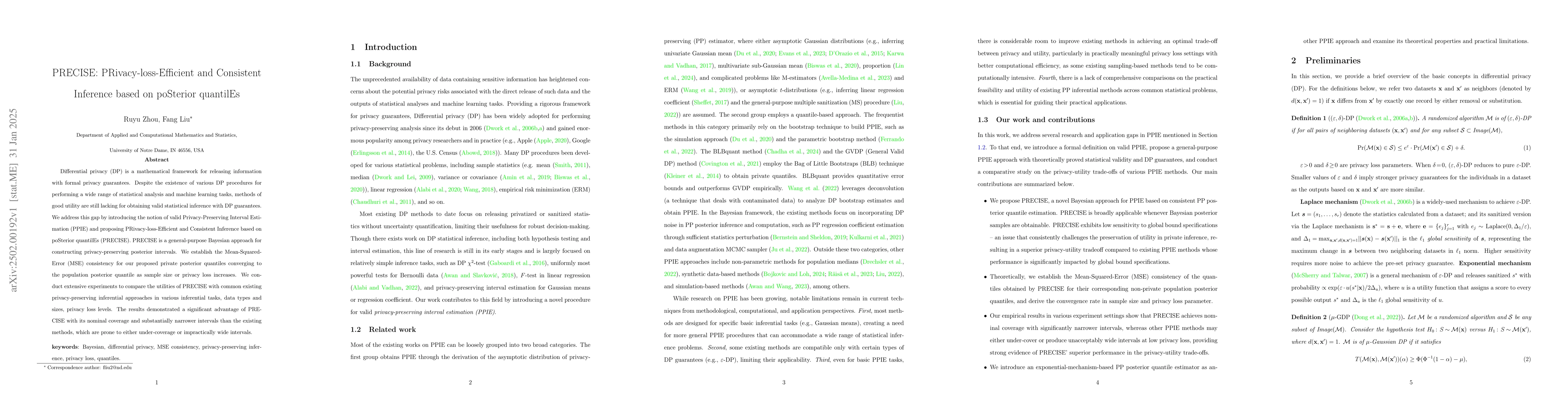 Thumbnail for PRECISE: PRivacy-loss-Efficient and Consistent Inference based on
  poSterior quantilEs