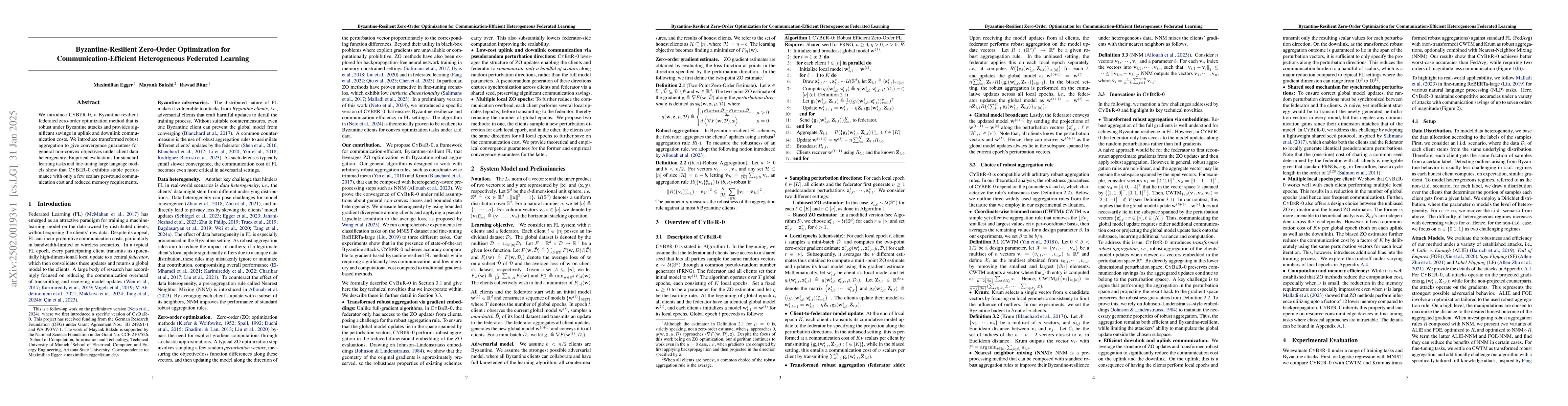 Thumbnail for Byzantine-Resilient Zero-Order Optimization for Communication-Efficient
  Heterogeneous Federated Learning