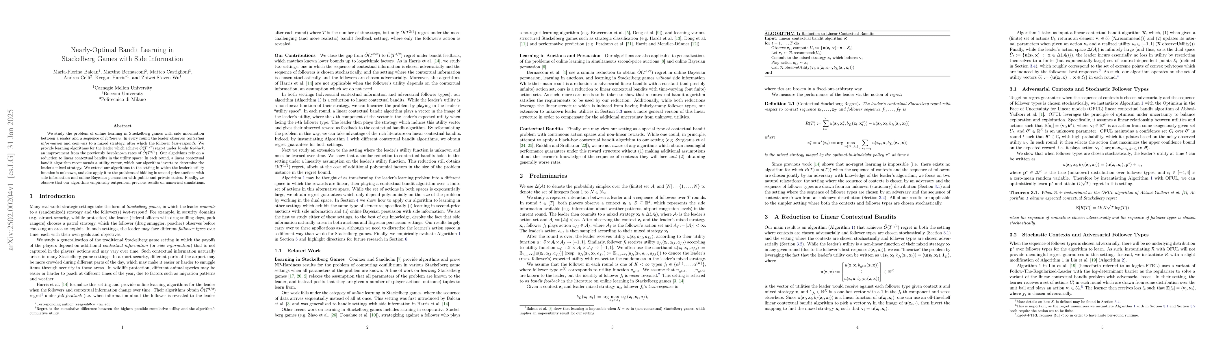 Thumbnail for Nearly-Optimal Bandit Learning in Stackelberg Games with Side
  Information