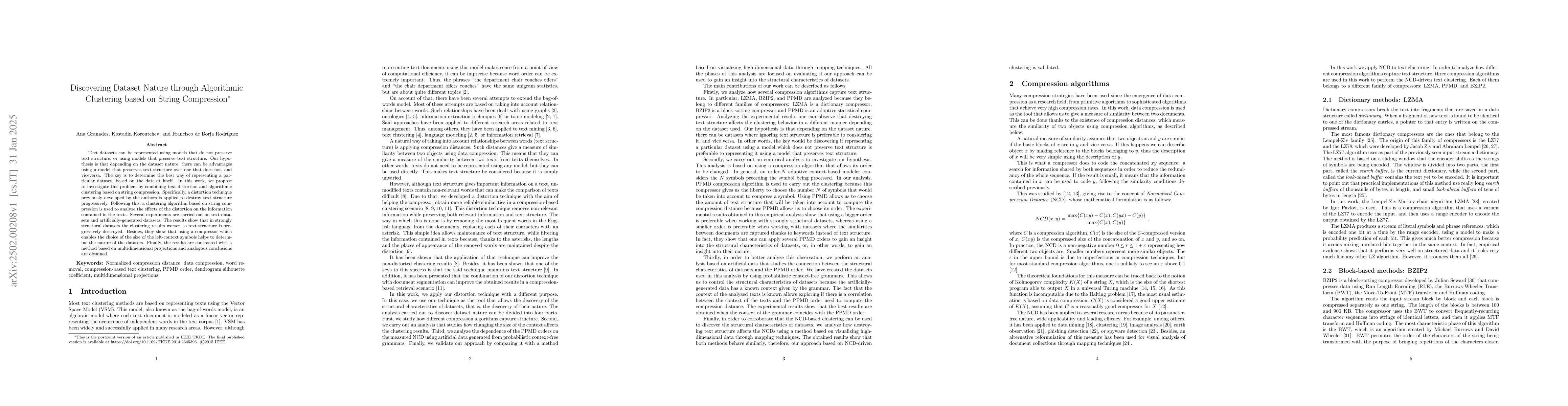 Thumbnail for Discovering Dataset Nature through Algorithmic Clustering based on
  String Compression