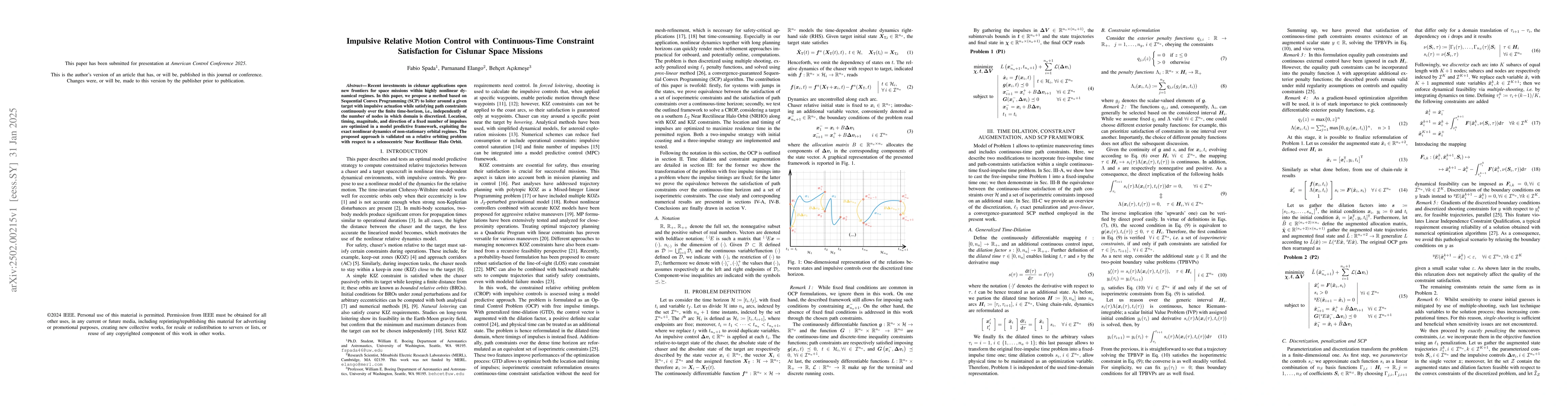 Thumbnail for Impulsive Relative Motion Control with Continuous-Time Constraint
  Satisfaction for Cislunar Space Missions